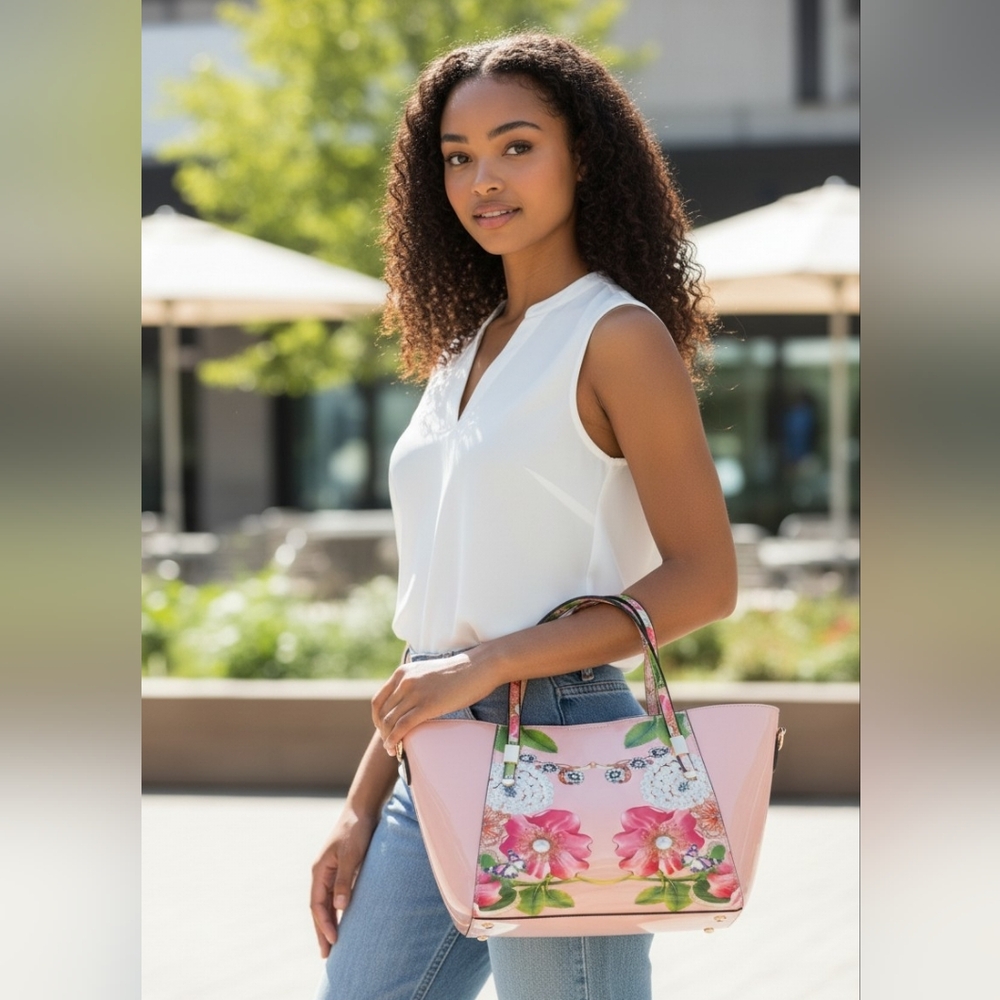 Pink Floral Patent Tote Bag with Pearl and Jewel Accent - Picture 2 of 5